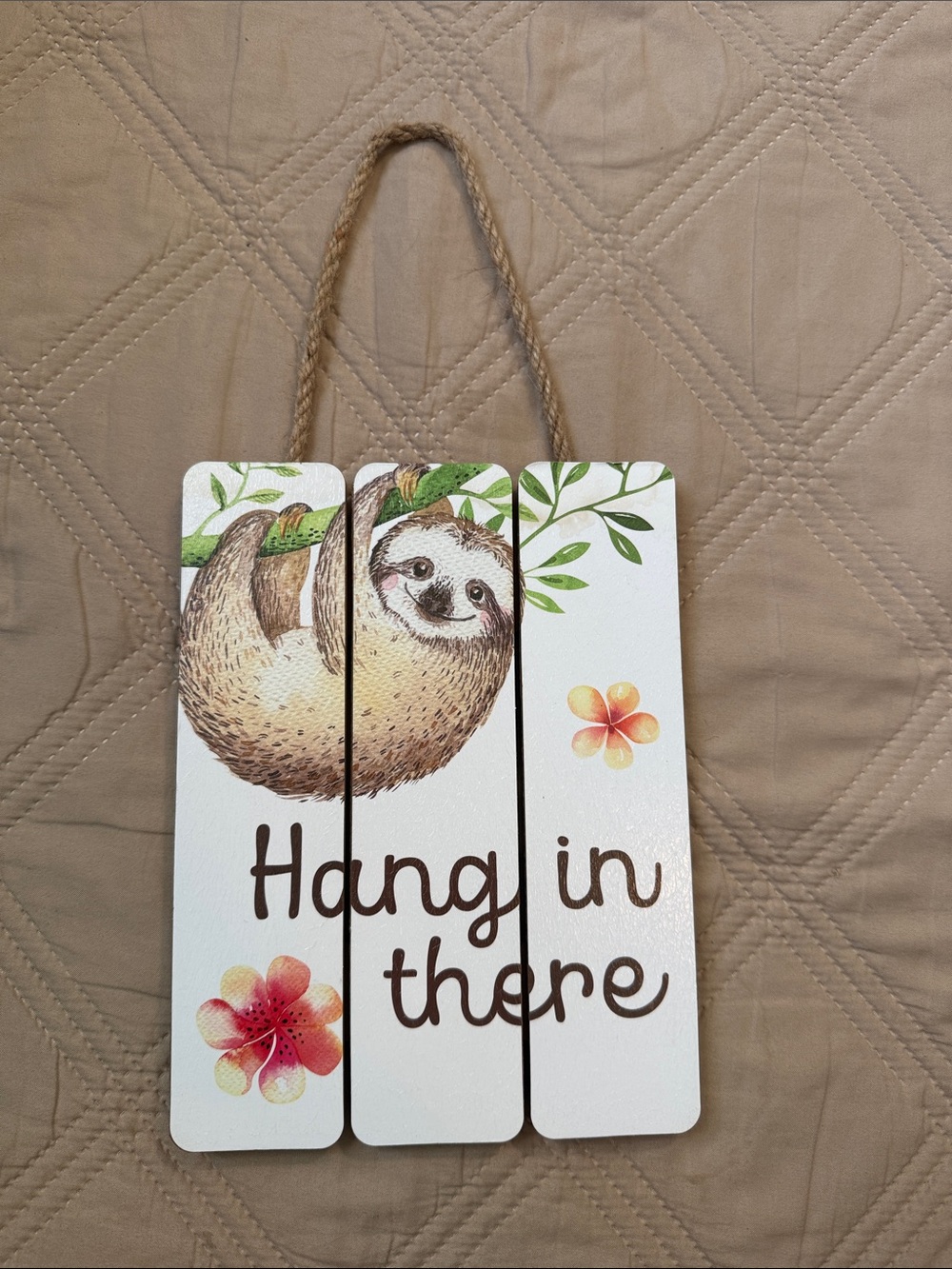 Hang In There Sloth Wall Sign - White with Green and Brown Accents